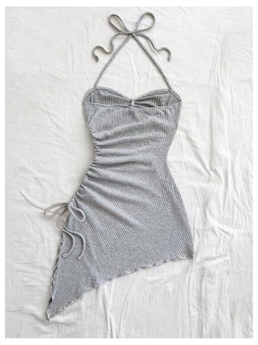 Women's Ribbed Knit Going Out Halter Dresses Drawstring Asymmetrical Hem Bodycon Dress2