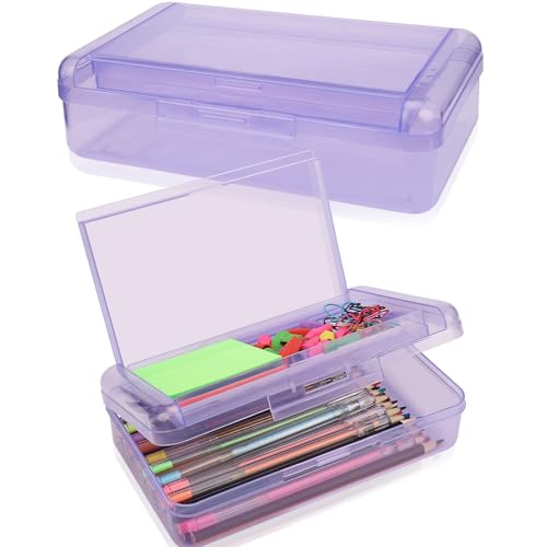 1 PCS Pencil Box,Double Layer Large Capacity Pencil Box,Hard Pen Case with Snap-tight Lid, Plastic Pencils Case for Office School Supplies Pen Boxes,Storage Organizer for Gel Pens Erasers-Purple