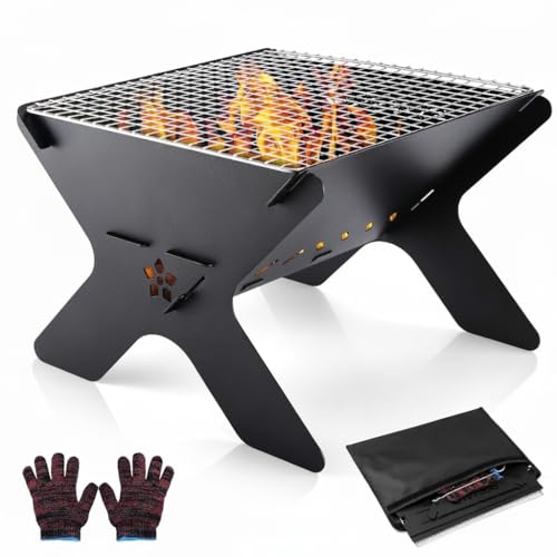 Image of Barbeque Grills - Foldable Charcoal Barbeque, Camping Fire Pit, Portable Fire Pit for Camping, 2 in 1 Wood Burning Fire pit Grill with Detachable Cooking Grate for Outdoor BBQ, with Carry Bag