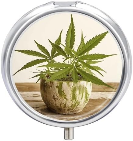 Grass Pot Leaf Pill Case Portable Round Pill Boxes Moisture Proof Pill Organizer with 3 Compartment to Hold Vitamins Medication Fish Oil