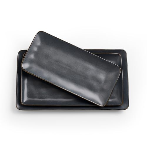 famiware Serving Platter, Rectangular 15.67/14.1/12.6inch Serving Dishes for Entertaining, Dishwasher Safe, Stoneware Serving Trays for Party, Food, Turkey, Snack, Cheese, Reactive Glaze, Matte Black