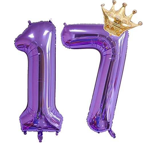 Cymeosh 2 Ballons Numero 17 Violet, Géant Ballon Chiffre Anniversaire 17 ans, Ballon Couronne Doré, 40 Pouces Helium Ballons 17 Gonflables pour Décoration de Fête d'anniversaire, Mariage Cover