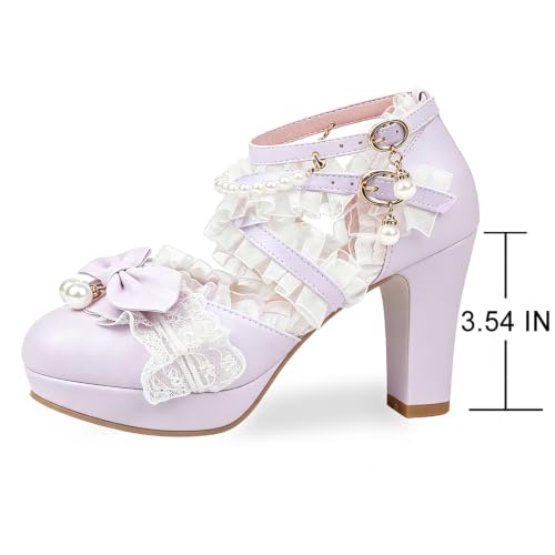 Image of FOREADA Lolita Shoes Platform Mary Jane Heels Kawaii Bow Lace Pearl Pumps