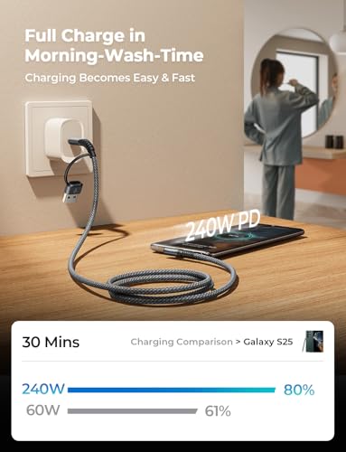 Image of AINOPE 240W Long USB C Cable Multi 4 in 1 Charging Cable Fast Charging C Type Charger Fast Charge USB to USB C,Right Angle Fit iPhone 17 16 15 Pro Max iPad Samsung 10FT Black