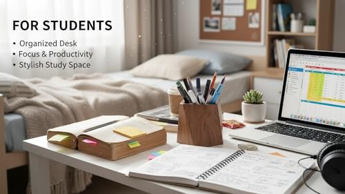 Image of ᵀᴹ Solid Wood Pen & Pencil Holder | Modern Desktop Organizer for Office & Home | Stylish Stationary Holder, Makeup Brush Organizer | Ideal Office Accessory & Gift