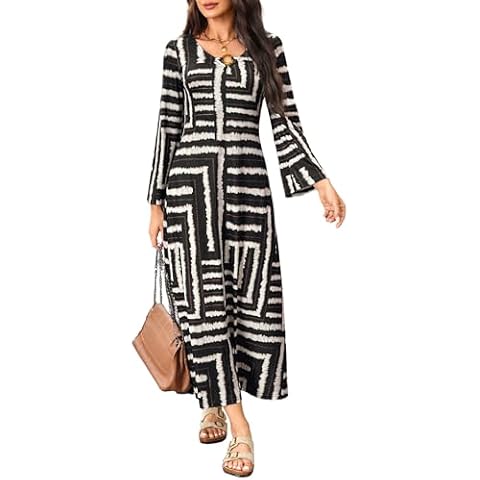 CCTOO Women Striped Maxi Dress: Stripe Print Long Sleeve 2024 Trendy Knit V-Neck Zipper Club Sexy Dresses for Womens Black XL Cover