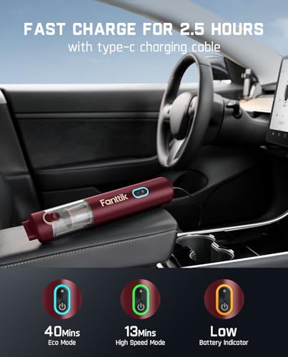 Fanttik Slim V8 APEX Car Vacuum, 4-in-1 Portable Mini Cordless Vacuum with 19000pa Suction Power, Type-C Charge, 2 Suction Modes, Handheld Vacuum for Small Jobs, Car, Office Desk, Keyboards (Red)