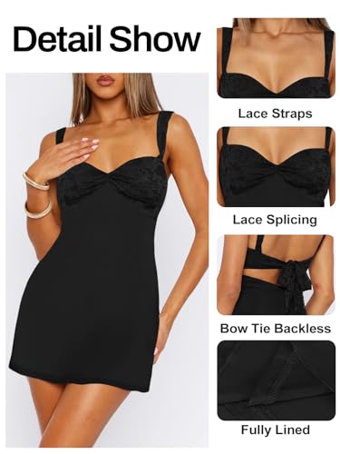 Image of Women's Summer Mini Dresses Sleeveless Sexy Square Neck Lace Splicing Cocktail Party Straps Bodycon Dress