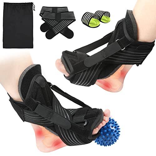 2022 Upgraded Plantar Fasciitis Night Splint,2 Pack TAEYONK Adjustable Ankle Brace,2 Arch Support Bands,Plantar Fasciitis Night Pain Relief Set Featuring Adjustable Foot Splint,Hard Spiky Massage Ball,Travel Bag