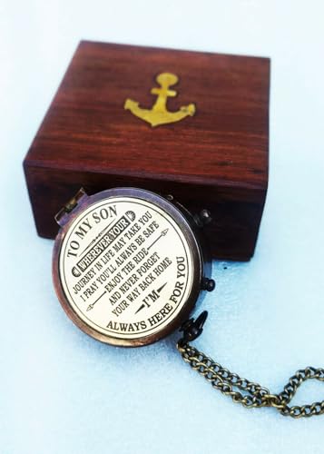 Brújula personalizada con mensaje inspirador para hijo, brújula de latón grabada con caja de madera miniatura 4