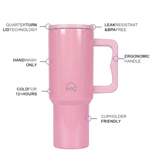 Image of House of Quirk 1200ML Stainless Steel Tumbler with Handle & Lid, 2 Straws - Large Travel Mug Water Cup for Gym, Office & Outdoor Use (Shiny Baby Pink)