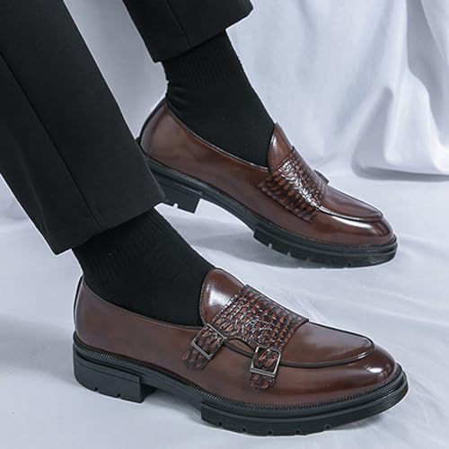 Men's Leather Platform Slip on Loafers with Dual Buckle Decor Luxury Round Toe Lug Sole Non-Slip Dress Shoes Casual Low Block Heel Business Work Office Shoes4