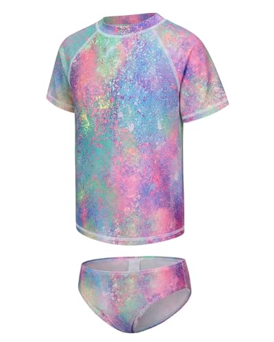 Image of Girls Two Piece Swimsuits Short Sleeve Rash Guard Swim Shirt Bikini Bottom Swim Set Bathing Swim Set Swimwear 3-16 Years