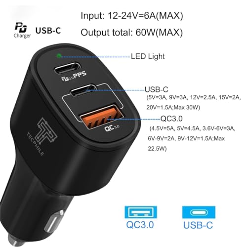 Image of C1903 Pd 60W Car Charger Dual Type-C Pd Fast Charging & USB A Output, Led Indicator, Compact & 4 Fold Protection,for iPhone 16 /15 /14, IPad Pro /Air, Samsung Galaxy S24 /S23 /Note 20, Pixel 8 /7