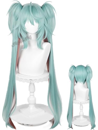 Image of Half and Half Green Ponytail Anime Wig Light Teal Little Devil Cosplay Twin Tails Wigs 37.5'' Gothic Lolita Singer Costume Wigs for Women Halloween Party Daily