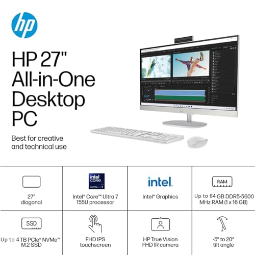 Image of HP 27 inch All-in-One Touchscreen Desktop | | Intel 12-Core Ultra 7 155U | Three-Sided Micro-Edge Display | Wi-Fi 6 |Win 11 Pro| FHD Webcam | 16GB DDR5 RAM | 1TB SSD