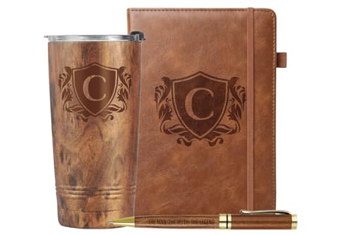 Onebttl Personalized Gifts for Men with Initials, Monogrammed Travel Tumbler for Him, Custom Notebook, Luxury Pen, Unique Gifts for Men who Have Everything on Birthday Christmas, Wood, C