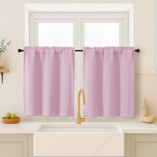 Image of Pink Blackout Curtains for Small Window Treatment, Light Blocking Short Kitchen Window Curtains Over Sink, Dual Rod Pocket Half Window Tiers for Bathroom Basement, 2x40Wx36L Inches
