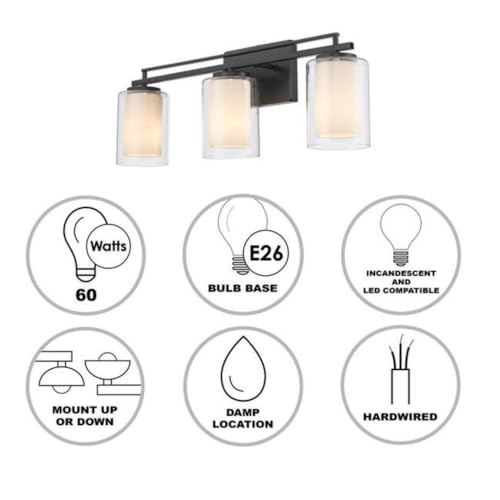 Image of TRANS GLOBE 22483 BK I Lisbon Collection 24 Inch Three-Light Bathroom Vanity - in a Black Finish | Metal Housing I Clear & Frosted Shades I Modern Contemporary Light Fixture |