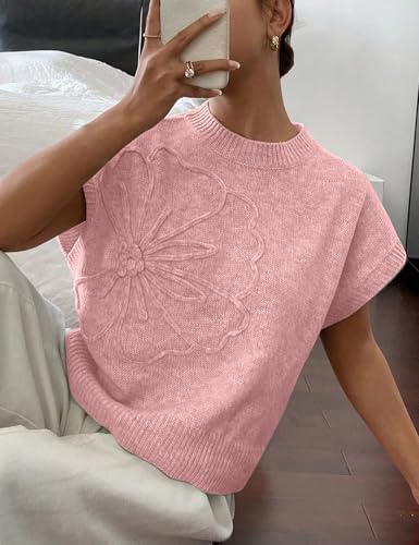 Image of 2026 Womens Floral Sweater Vest Cute Cap Sleeve Tops 3D Flower Decor Knit Tank Top Loose Spring Fall Summer Clothes