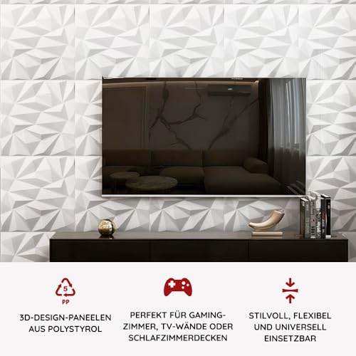 Eurodeco Lot de 8 panneaux muraux 3D - Revêtement mural 3D - Panneaux de plafond - Décoration murale - Stickers muraux en polystyrène XPS - 50 x 50 cm - Épaisseur : 3 mm - Blanc mercure - 8 pièces (2 – vue 3