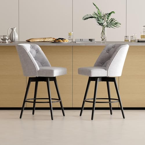 Set de 2 Butacos Modernos Giratorios de Barra - Sillas de 26'' con Respaldo - Tapizado en Lino Gris Claro, Asiento Cómodo, Reposapiés de Hierro Resistente - Ideal para Isla de Cocina y Bar Hogareño miniatura 7