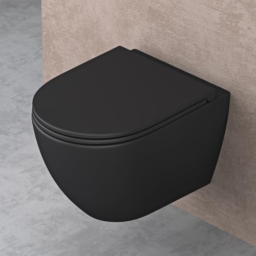 doporro Hänge-WC Spülrandlos Hänge-Toilette mit Tiefspüler inkl. Soft-Close Absenkautomatik schwarz matt aus Keramik Wandmontage Aachen179 neu