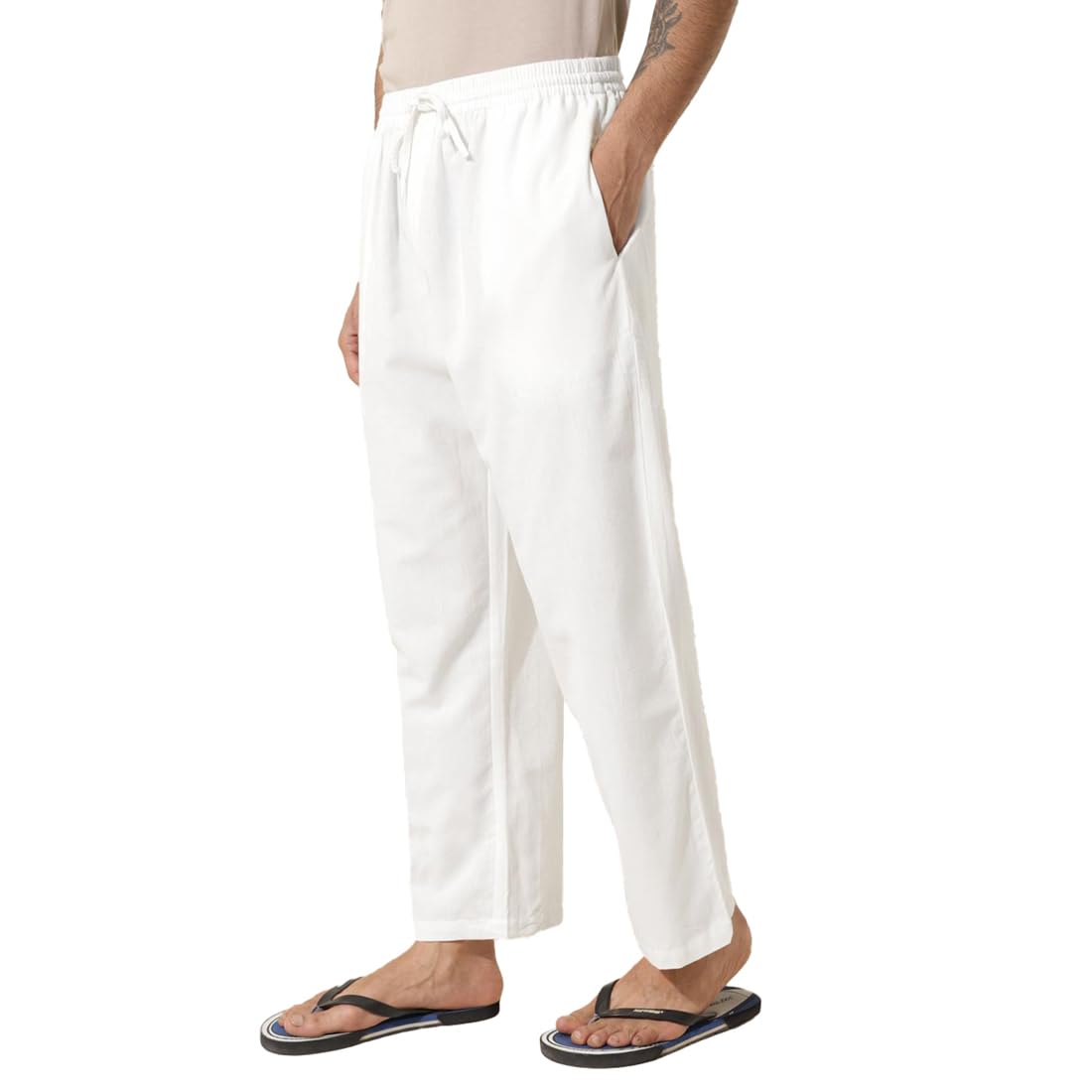 Men Cotton Off-White Solid Regular Fit Pyjama