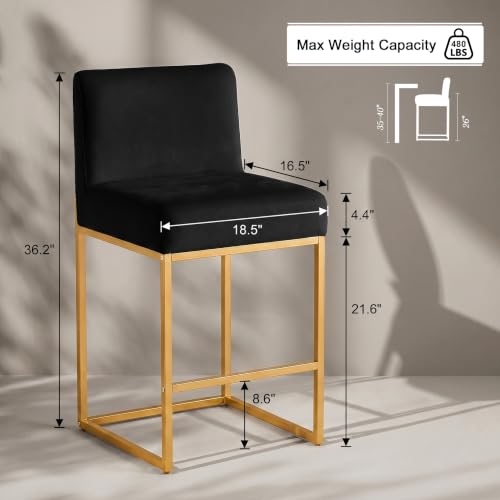 Butacos de altura para barra de 26", Negro y Dorado, Tapizados en terciopelo, estructura metálica, capacidad de 480 lb, con respaldo y reposapiés, modernos, juego de 4 miniatura 2