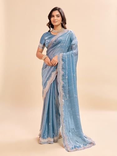 Image of Embellished Embroidered Pure Chiffon Heavy Work Saree