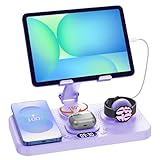 30W Tablet Wireless Charger for Samsung, Foldable Android Charging Station with Clock Display with 7-Color Light, Wireless Watch Charger for S25, Only Compatible Samsung Watch,Galaxy Buds3 Pro(Purple