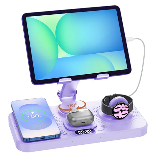 30W Tablet Wireless Charger for Samsung, Foldable Android Charging Station with Clock Display with 7-Color Light, Wireless Watch Charger for S25, Only Compatible Samsung Watch,Galaxy Buds3 Pro(Lilac