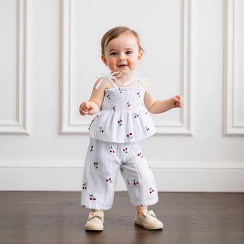 Image of Thorn Tree Toddler Girl Clothes Plaid Printed Sleeveless Pleated Camisole Linen Pants Set Baby Summer Outfits
