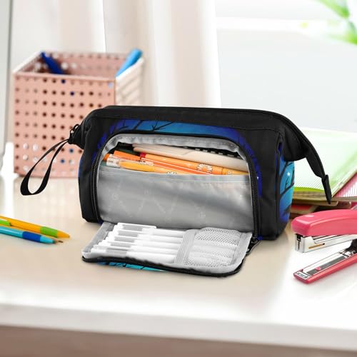 Image of Fisyme Blue Moon Wolf Pencil Case Large Capacity Pencil Pouch Pen Bag Box Big Makeup Pencil Case Organizer