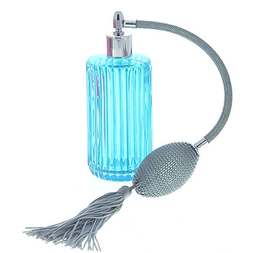 Türkiser Glas-Zerstäuber mit Ballpumpe und Quaste, blauer Kosmetex Parfüm-Flakon leer, Art deco Stil, 100ml, Türkis