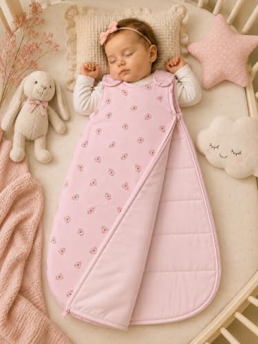 Image of TuddyBuddy Baby Cotton Wearable Quilted Sleeping Bag Blanket 1.5 Tog with 1 Way Zipper Closure | Ideal for Babies & Kids Hypoallergenic Fabrics | (Roses AOP - Pink, 0-6 Months)