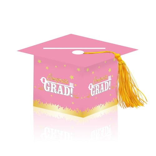 Image of 2026 Graduation Party Card Box, Pink Gold Congrats Cap Card Holder Box with Tassel for 2026 Graduation Party Decoration