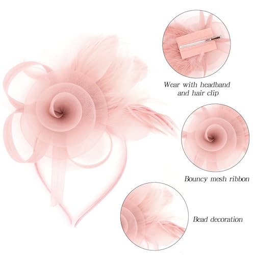 CAVETEE Fascinator for Women Tea Party, Fascinator Hat Headpiece and Lace Glove Set for Women 1920s Party (Style-1 Pink)