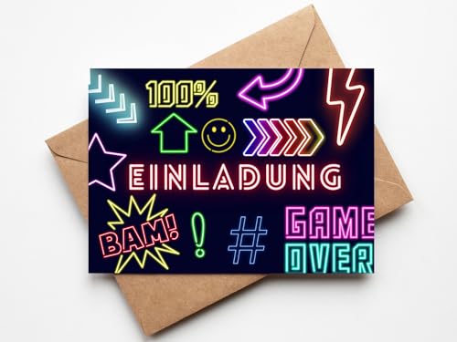 Paperlane by Essi Neon Lasertag Einladungskarten - Lasertag Geburtstag - inkl. Umschläge 10 Stück (Neon, 10er Set Einladungskarten)