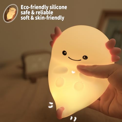 Image of Cute Axolotl Night Light, Dimmable Nursery Lamps, Super Squishy Silicone Timer USB Rechargeable Touch Control RGB Night Lamp for Kids Adults, Used for Camping Party Room Decor (Axolotl)