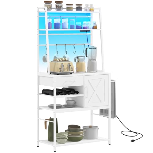 HOMCOM Baker's Rack with Power Outlet and LED Lights, Coffee Bar Cabinet with Storage Shelves, Industrial Microwave Stand with Wine Bottle Rack, Drawer, Barn Door Cabinet, White