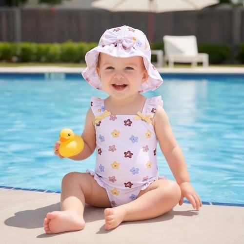 WKTRSM Badeanzug für kleine Mädchen – Einteiliger Baby-Badeanzug mit Sonnenhut – Niedliche Strand-Bademode – Schnell trocknender Badeanzug für Kinder von 3 bis 36 Monaten