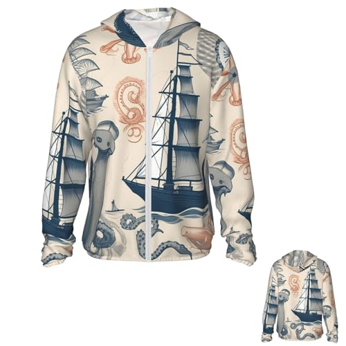 NONHAI Men's Sun Protection Jacket UPF 50+ Full Zipper Long Sleeve UV Hoodie Shirt Lighthouse Sailboat Fish Women's Outdoor Jacket Black