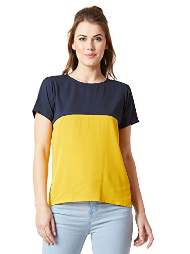 Image of Miss Chase Women's Navy Blue and Yellow Round Neck Boxy Top