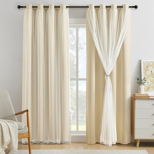 Image of XiDi Beige Double Layer Curtains with Sheer Overlay for Girls Bedroom Living Room 2 Panels Beige Blackout Curtains 96 Inches Long for Kid Nursery Room Decor Thermal Insulated Grommet Drapes W34 x L96