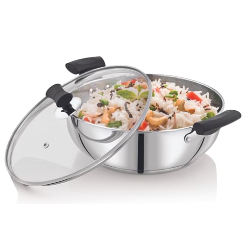 Vinod Stainless Steel Sandwich Bottom Solitaire Indian Kadhai with Glass Lid & Side Handle, 24 cm, 3 Ltr Capacity, Induction Friendly, Even Heat Distribution, Versatile Cooking Pot, Pack of 1