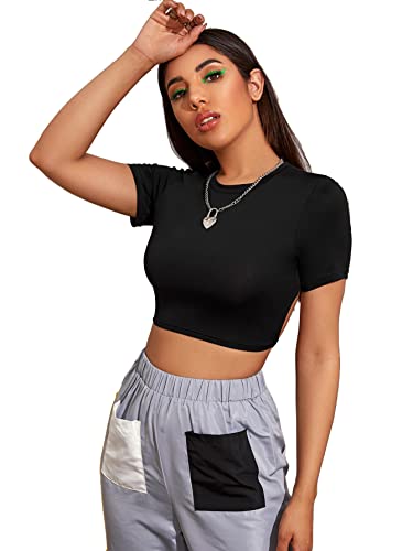 Image of Aahwan Solid Tie Back Cut Out Slim Fit Crop Top for Women's & Girls'