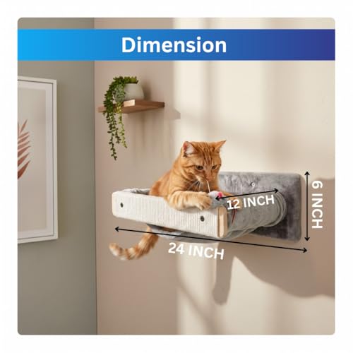 Image of Wall-Mounted Cat Perch with Scratching Post, Plush Cushion, Beige and Grey, Space-Saving Hammock Bed, (24X6 INCH) FURR- 151 (Grey)