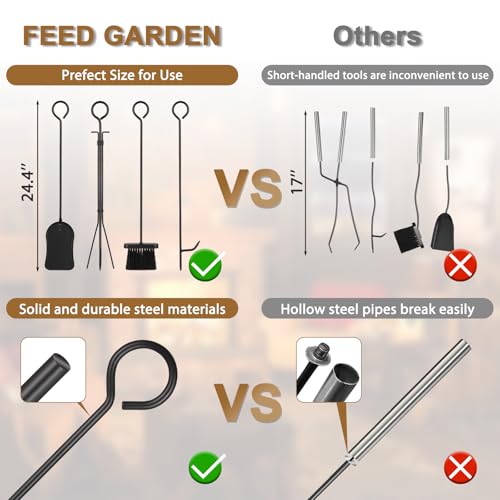 FEED GARDEN Firewood Rack Indoor Outdoor with Tools, 5-Piece Fireplace Tools Set, Fireplace Log Holder, Heavy-Duty Steel Firewood Storage Rack for Fireplace, Fire Pit, Wood Stove-Black, 29\" H