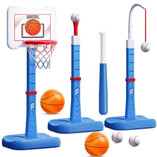 3 in 1 Kids Basketball Hoop and T Ball Set, Adjustable Height Toddler Basketball Hoop, Hanging Tee Baseball, Indoor Outdoor Sports Toys Gifts for Toddlers Boys Girls Ages 3 4 5 Year?Blue